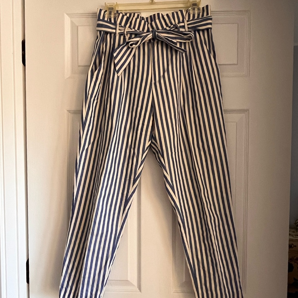Striped High-Waisted Pants with Bow